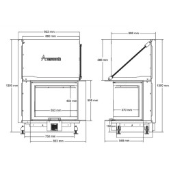 Insert Foyer à bois Quattro 80R vitre relevable en angle A.Caminetti.