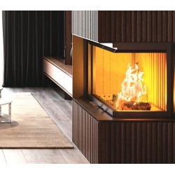 Inserto de chimenea de leña Quattro 90R con vidrio elevable en ángulo A.Caminetti.