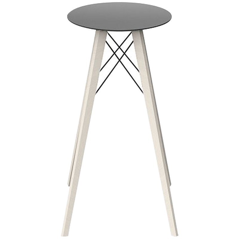 Table Haute Vondom Faz Wood Plateau Noir Rond Hpl Blanc avec Pieds Chêne Blanchi Diamètre 50 x H105cm