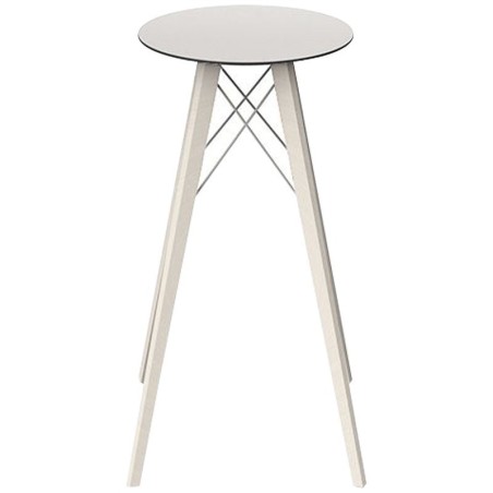 Table Haute Vondom Faz Wood Plateau Rond Hpl Blanc et Bord Noir avec Pieds Chene Blanchi Diamètre 50 x H105cm