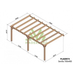 Sevilla 7x4m 28m2 raw wood wall-mounted pergola