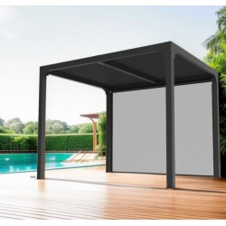 Pergola Bioclimatique aluminium 7,20m2 ventelles et rideau coté 3m Habrita