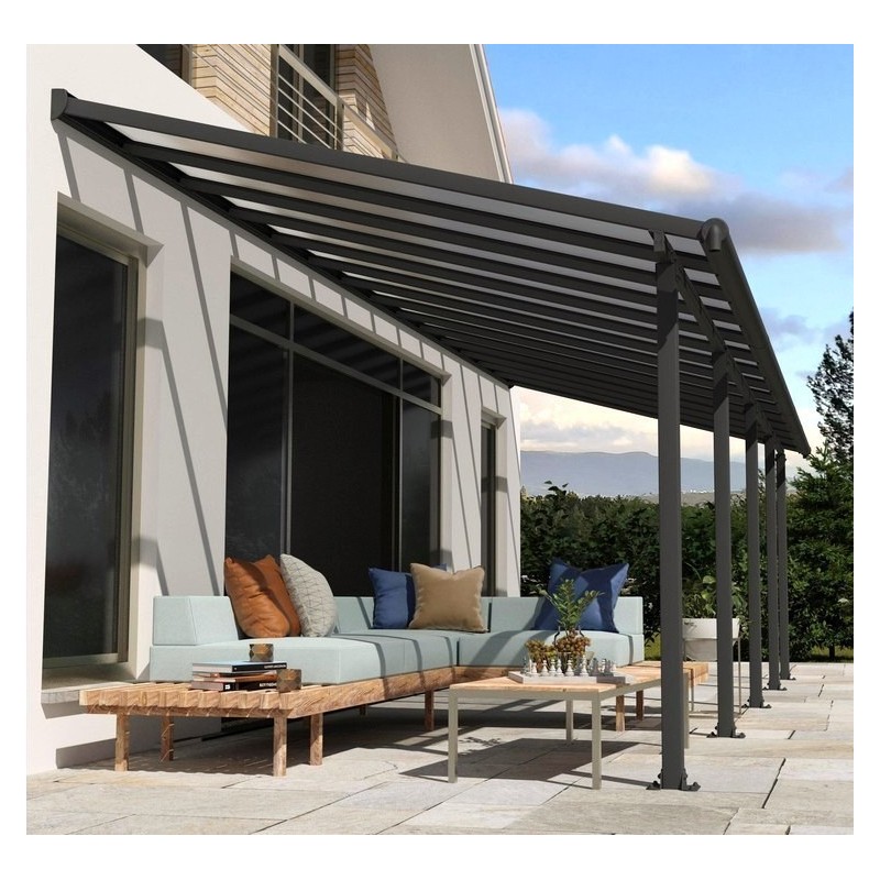 Olympia 3x8.60m wall-mounted pergola with grey aluminium and Canopia polycarbonate