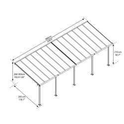 Olympia 3x8.60m wall-mounted pergola with grey aluminium and Canopia polycarbonate