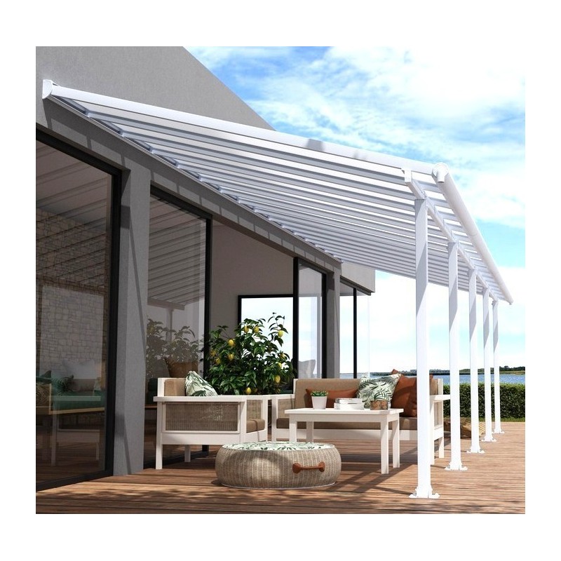 Olympia 3x9.71m white aluminium and Canopia polycarbonate wall-mounted pergola