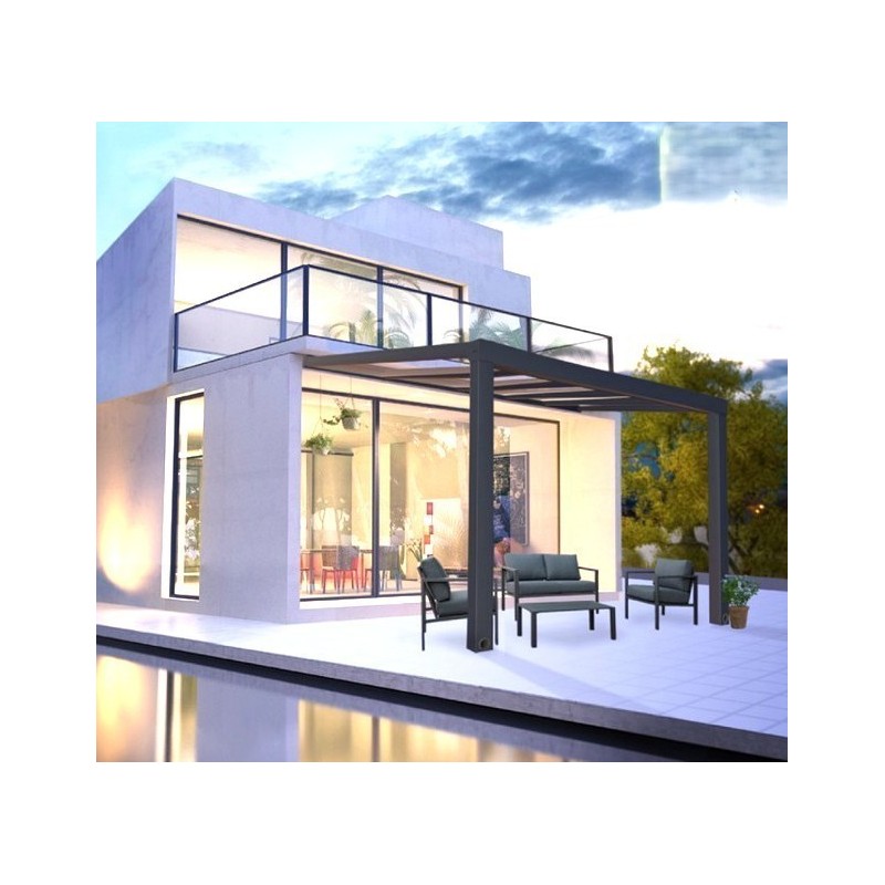 Pérgola de pared de aluminio Stockholm de 3,5x3,7 m Techo gris antracita y transparente Canopia
