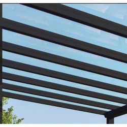 Stockholm wall-mounted pergola 3.5x6.6m aluminium Anthracite grey and Canopiaonate Canopia transparent roof