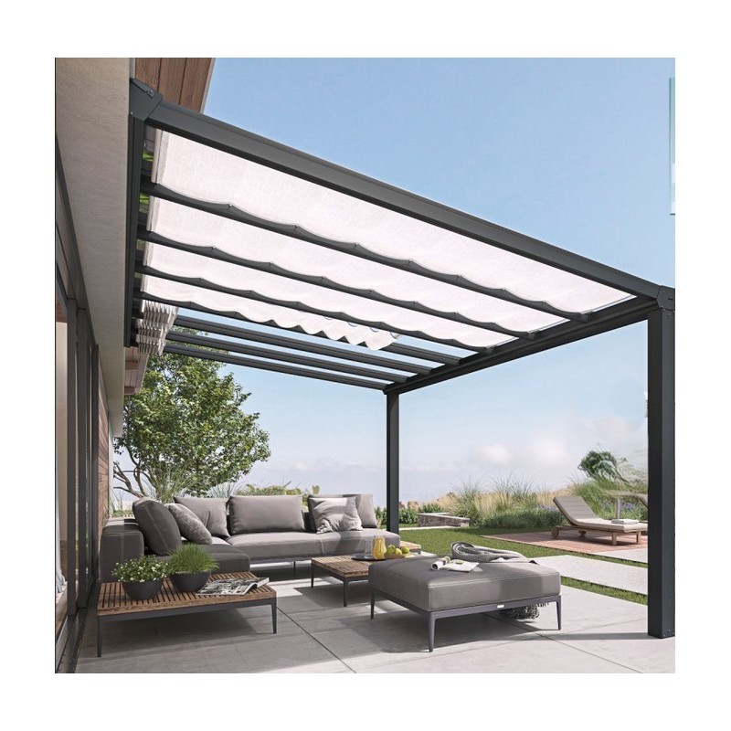 Stockholm wall-mounted pergola3.5x5.15m anthracite grey aluminium and Canopia transparent roof