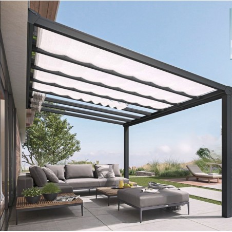 Stockholm wall-mounted pergola3.5x5.15m anthracite grey aluminium and Canopia transparent roof