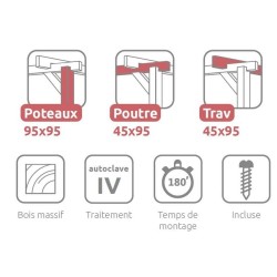 Pergola toiture couverte en bois massif Dijon 3x3m 9m2